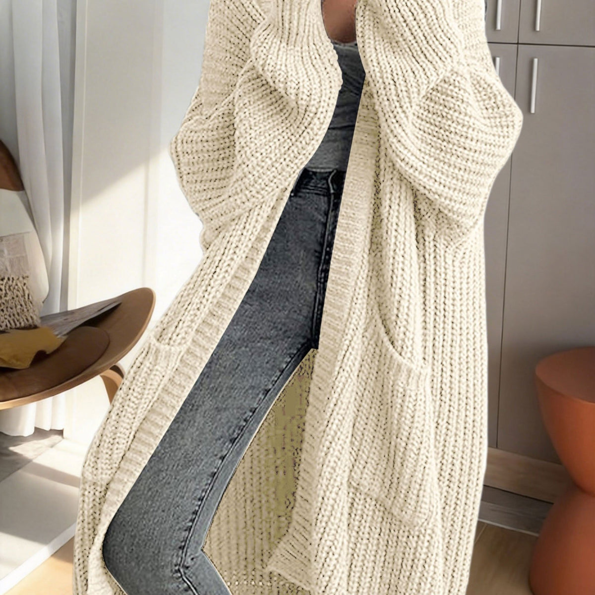 Gilet Femme Long en Maille Douce à Manches Longues