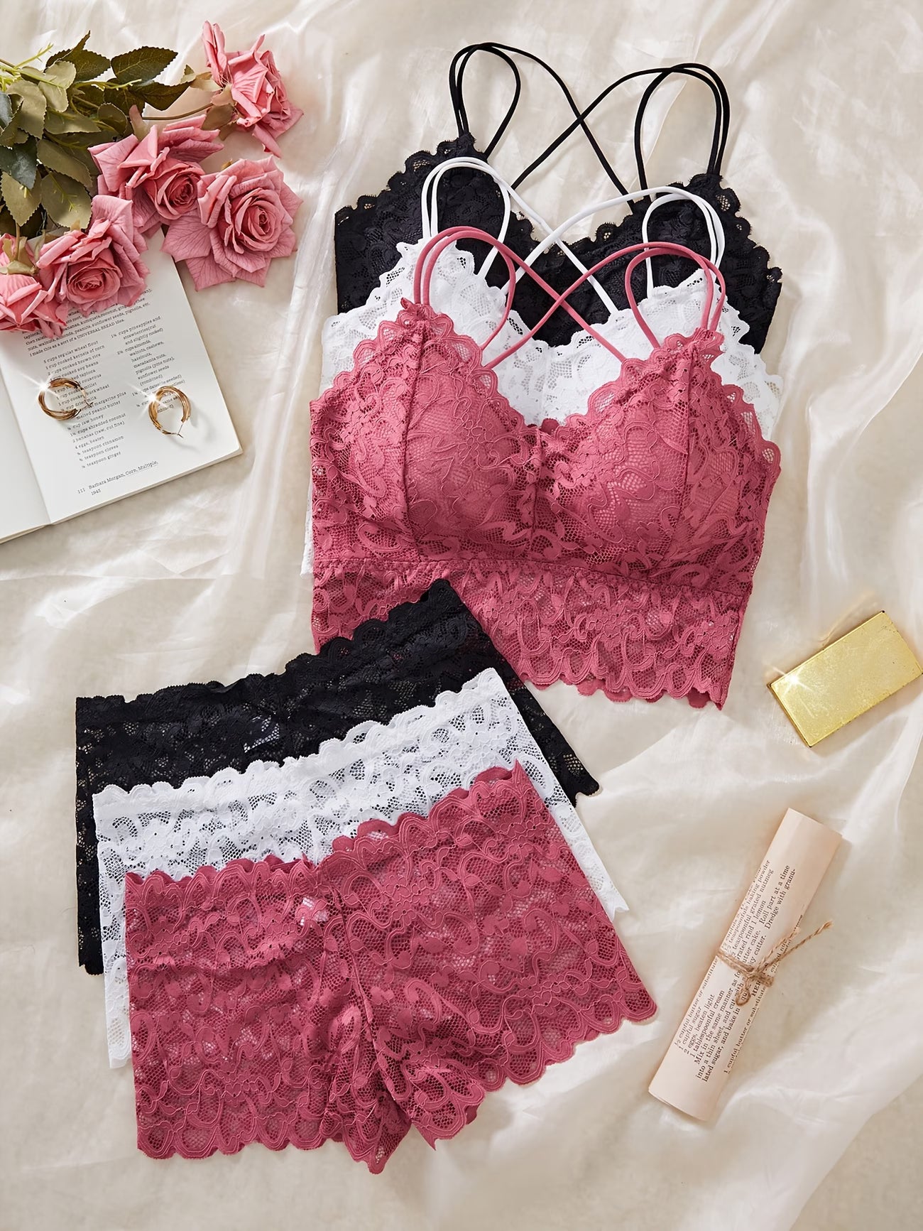 Koriora | Lot de 3 Ensembles Lingerie Dentelle — Brassière & Shorty Sans Armatures | Rose · Blanc · Noir