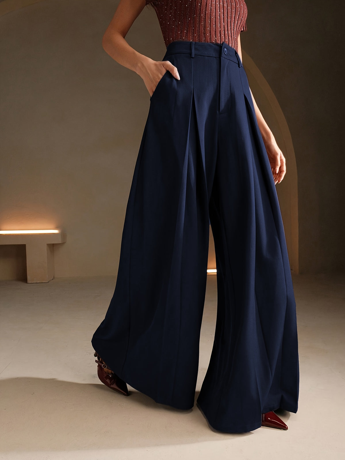 Pantalon Palazzo Femme Taille Haute  Coupe Très Large à Plis