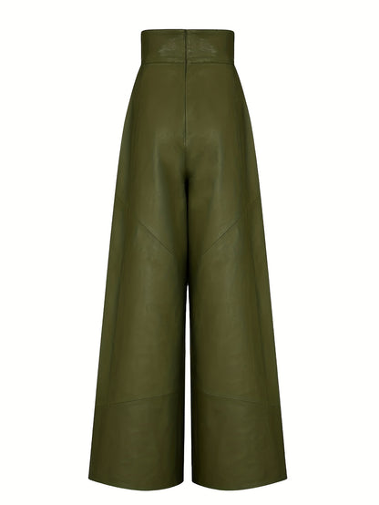 Pantalon Femme Taille Haute Cuir Jambes Larges & Ceinture