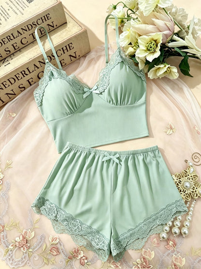 Koriora | Ensemble Pyjama Côtelé Femme — Débardeur Col V & Short Dentelle Confort