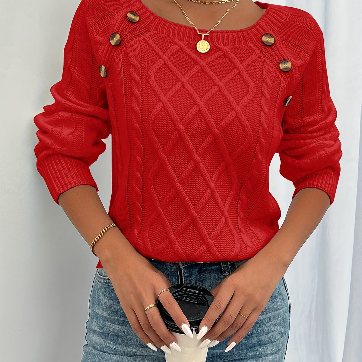 Koriora | Women's Textured Round-Neck Jumper with Lantern Sleeves and Buttons