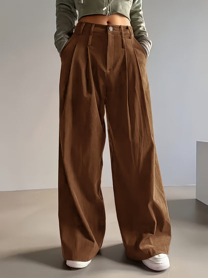 Pantalon Femme Côtelé Taille Haute à Coupe Large Décontracté Élégant