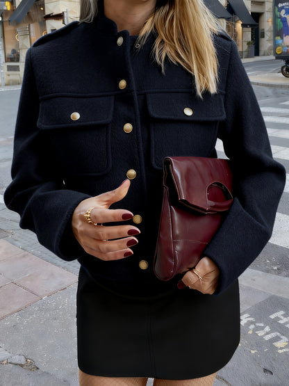 Veste Femme Courte à Boutons Dorés & Poches  Col Montant