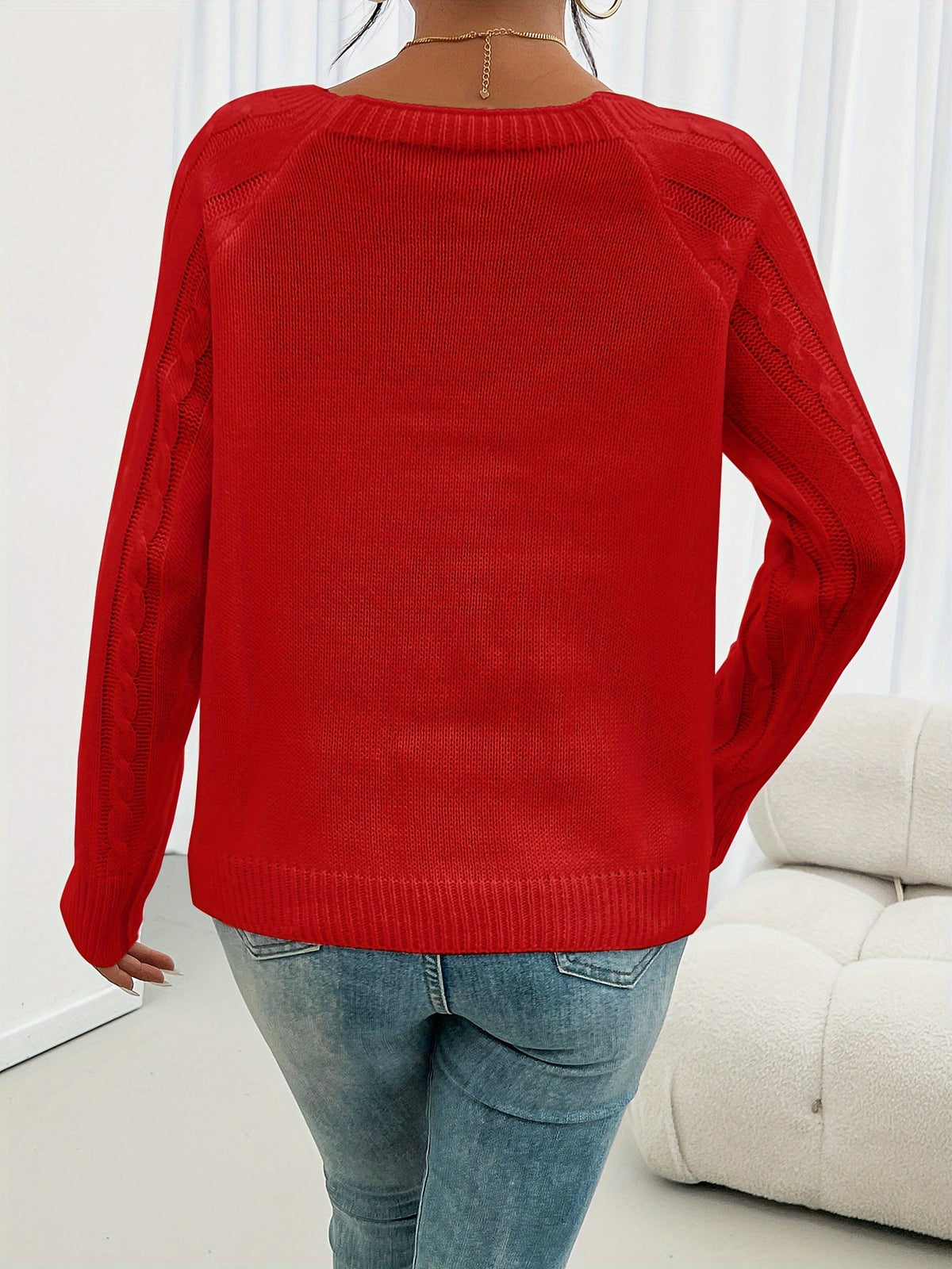 Koriora | Women's Textured Round-Neck Jumper with Lantern Sleeves and Buttons