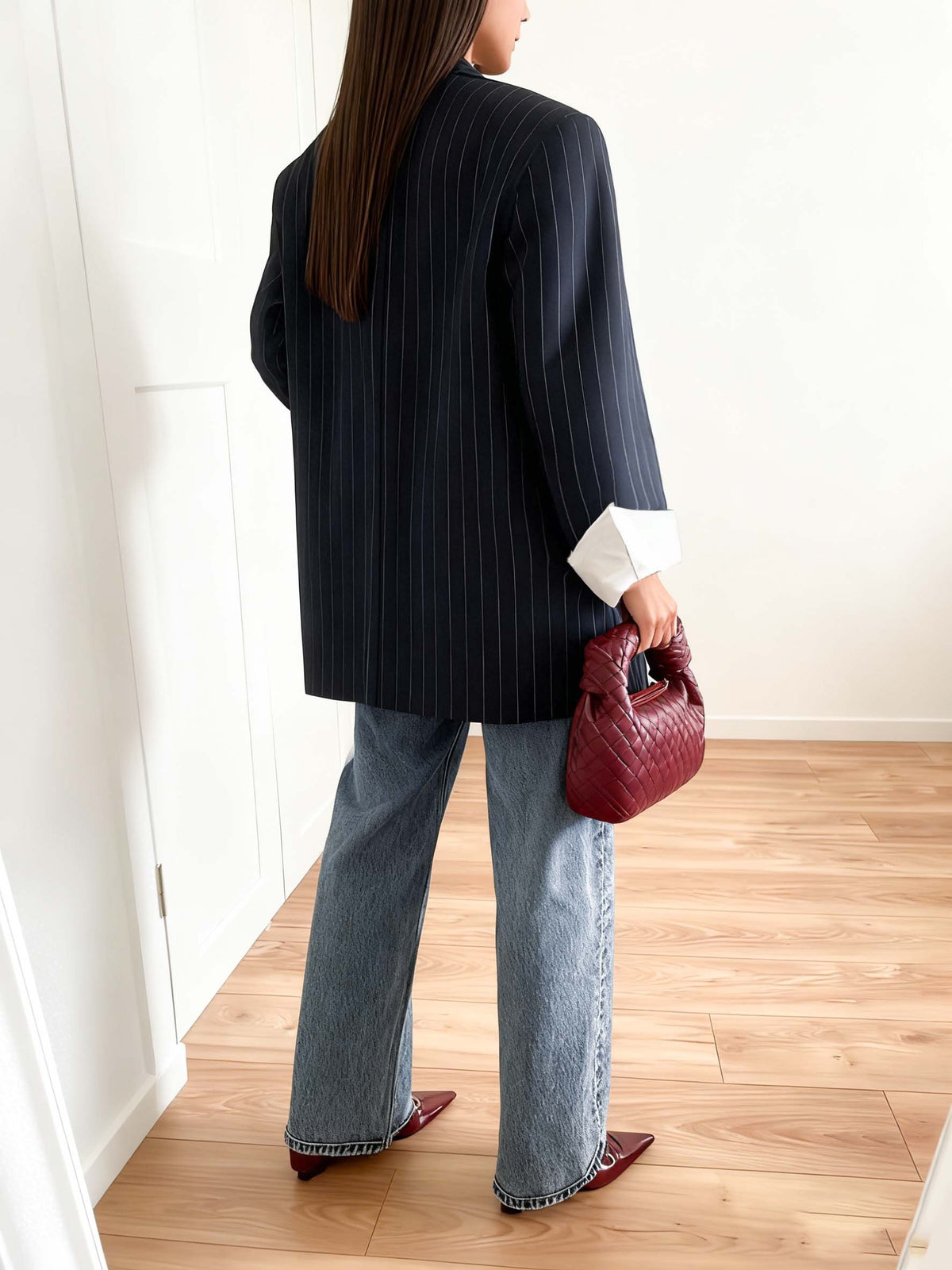 Women's Relaxed Pinstripe Blazer with Contrasting White Cuffs