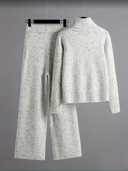 Women's Speckled Knit Set – Roll-Neck Jumper & Wide-Leg Trousers