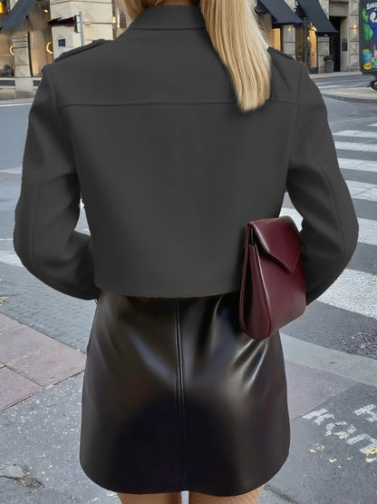 Veste Femme Courte à Boutons Dorés & Poches  Col Montant