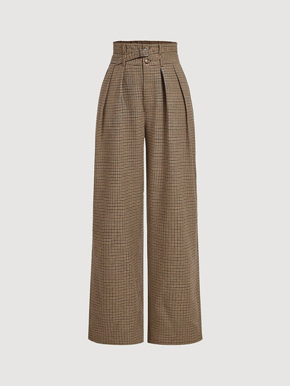 Pantalon Femme Large à Carreaux Marron  Taille Haute à Pinces & Ceinture