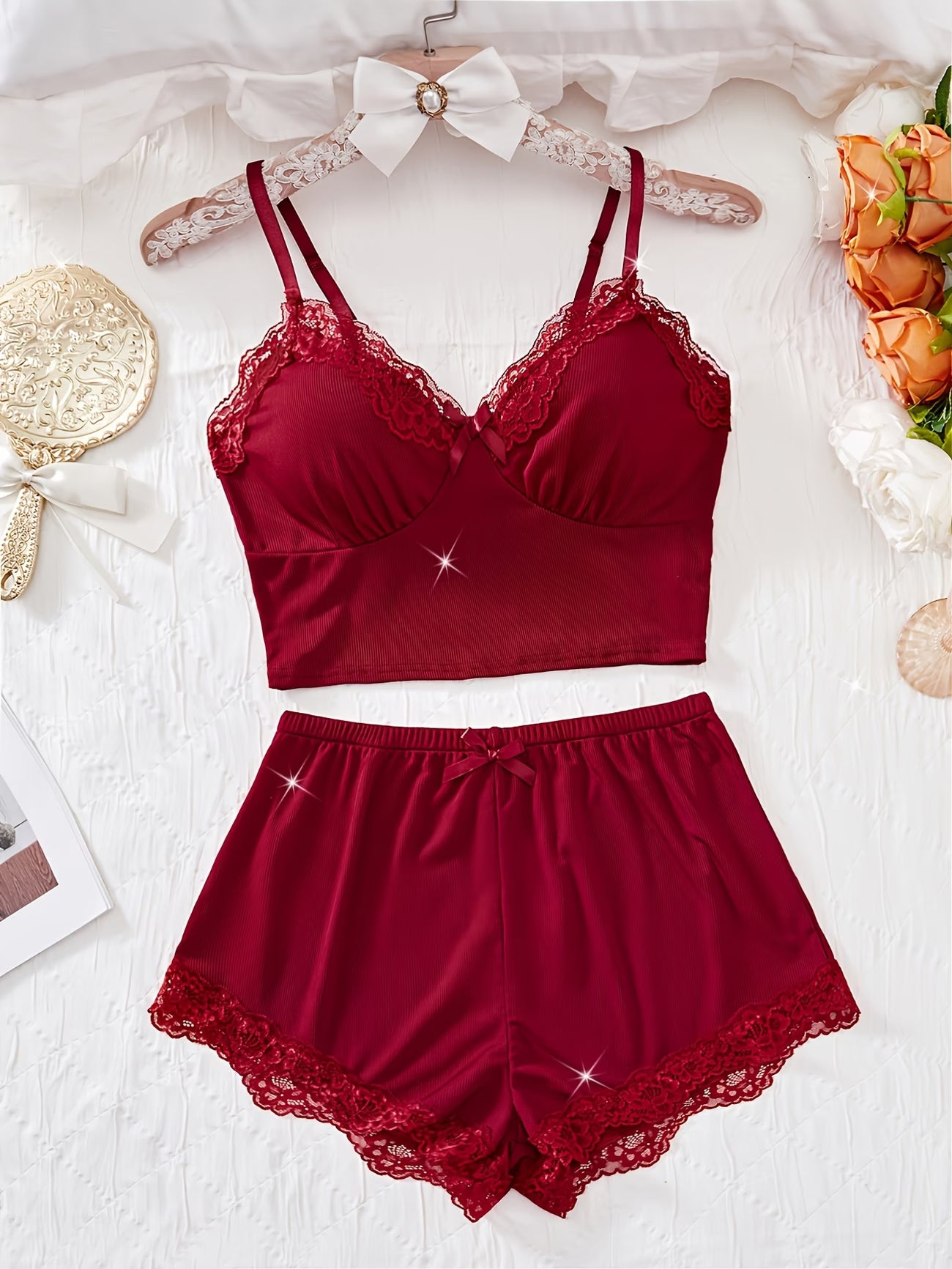 Koriora | Ensemble Pyjama Côtelé Femme — Débardeur Col V & Short Dentelle Confort