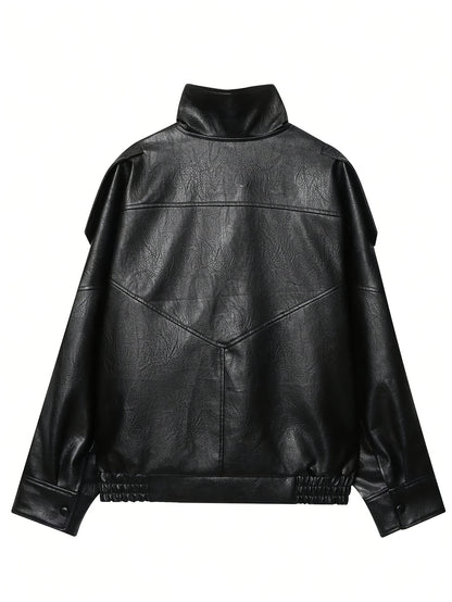 Veste Femme Oversize Marron Effet Cuir – Col Montant & Coupe Bomber