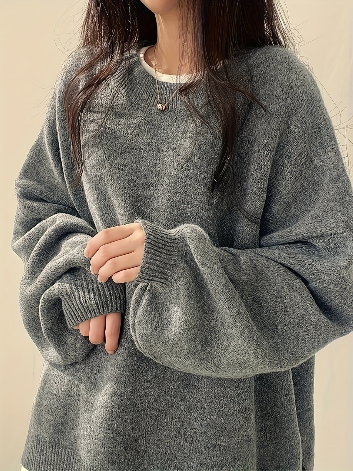 Pull Femme Oversize à Col Rond Maille Ample & Manches Longues