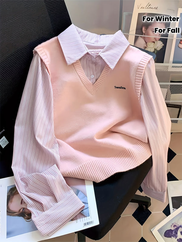 Ensemble 2 Pièces Femme – Chemise Rayée & Gilet en Maille à Col V