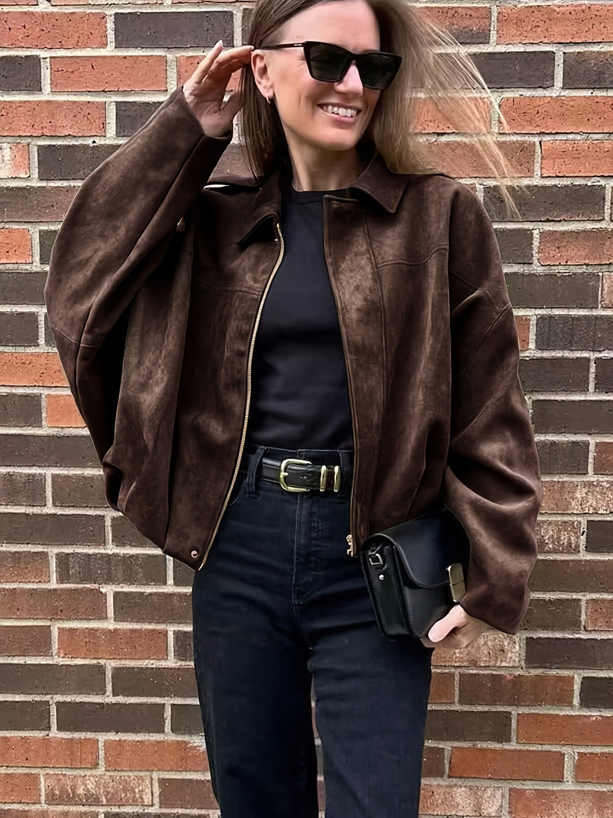 Women's Suede-Effect Zip Jacket with Shirt Collar