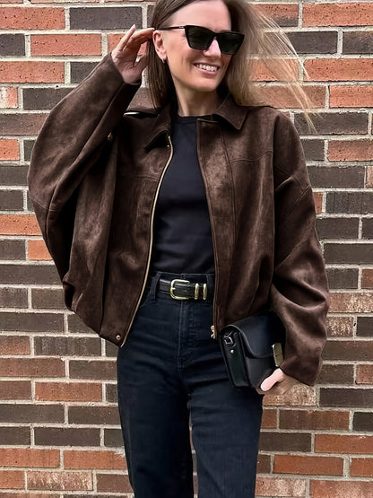 Women's Suede-Effect Zip Jacket with Shirt Collar