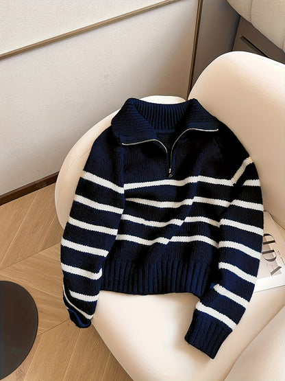 Pull Femme Rayé à Col Zippé en Maille Épaisse