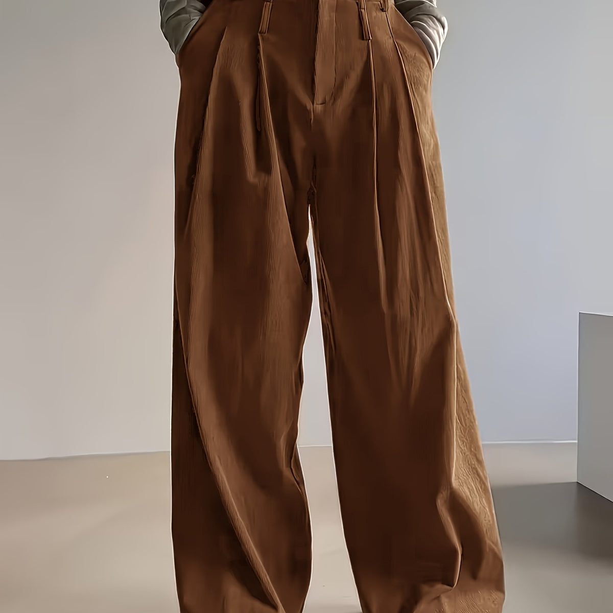 Pantalon Femme Côtelé Taille Haute à Coupe Large Décontracté Élégant