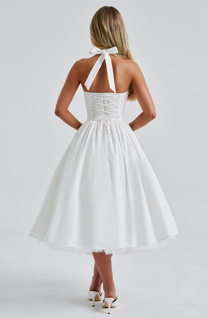 Koriora | Robe Midi Blanche Élégante à Bretelles Jacky