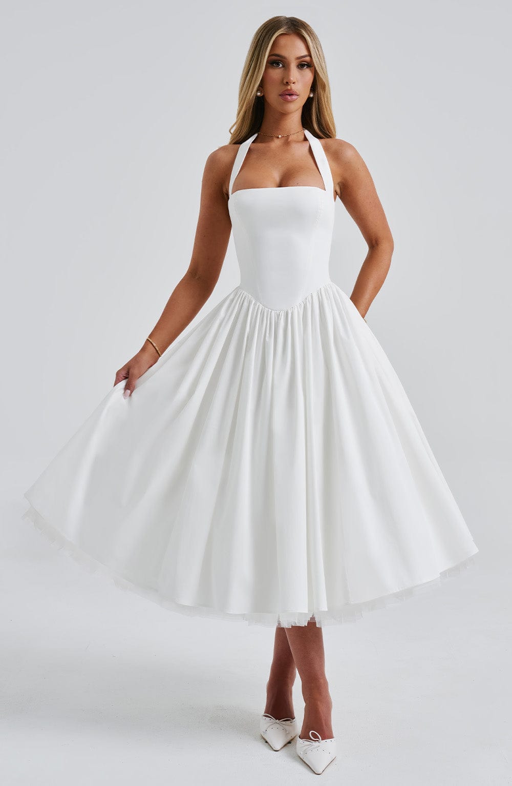 Koriora | Robe Midi Blanche Élégante à Bretelles Jacky
