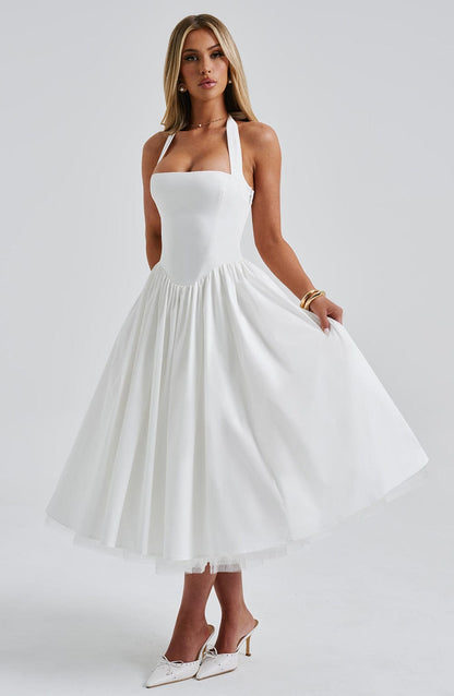 Koriora | Robe Midi Blanche Élégante à Bretelles Jacky
