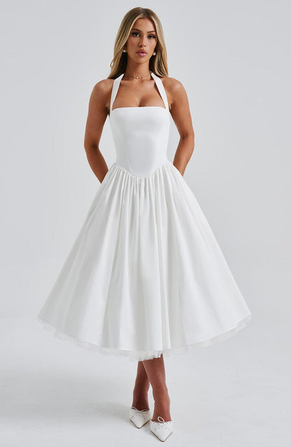 Koriora | Robe Midi Blanche Élégante à Bretelles Jacky