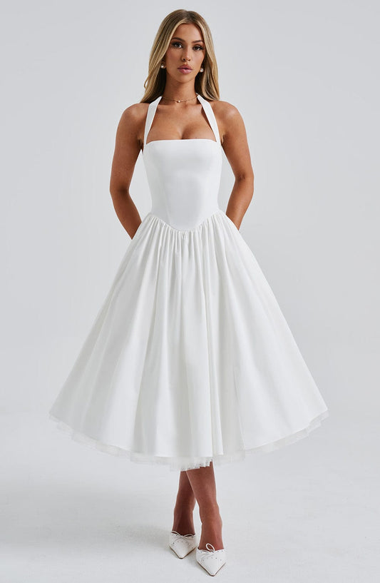 Koriora | Robe Midi Blanche Élégante à Bretelles Jacky