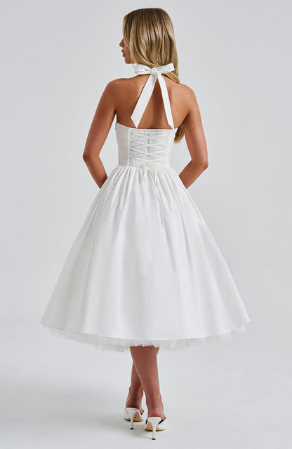Koriora | Robe Midi Blanche Élégante à Bretelles Jacky