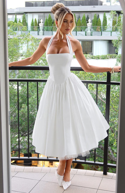 Koriora | Robe Midi Blanche Élégante à Bretelles Jacky