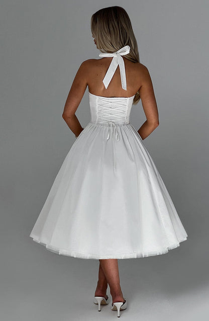 Koriora | Robe Midi Blanche Élégante à Bretelles Jacky