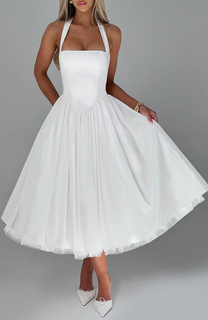 Koriora | Robe Midi Blanche Élégante à Bretelles Jacky