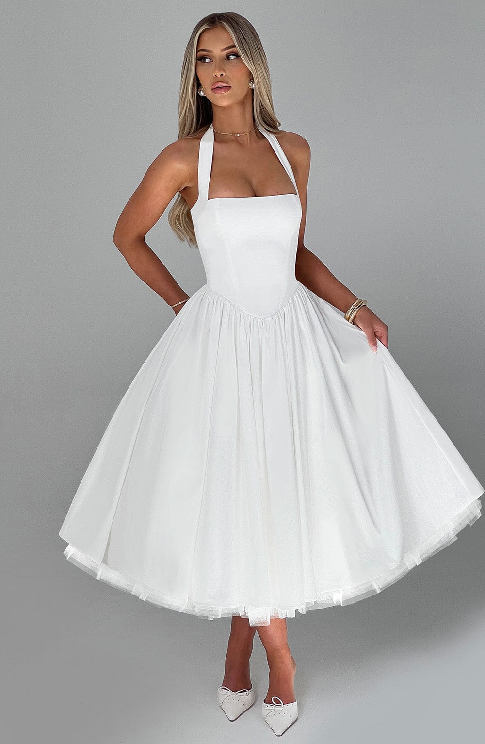 Koriora | Robe Midi Blanche Élégante à Bretelles Jacky