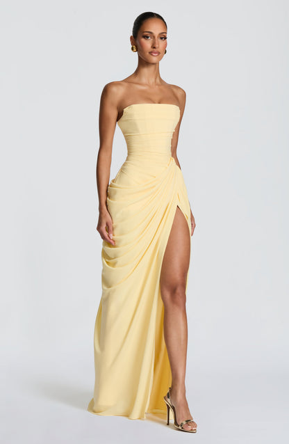 Koriora | Robe Maxi Bustier Lois — Corset Sculpté & Fente Haute Chiffon