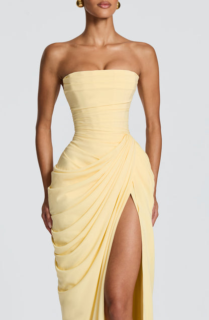 Koriora | Robe Maxi Bustier Lois — Corset Sculpté & Fente Haute Chiffon