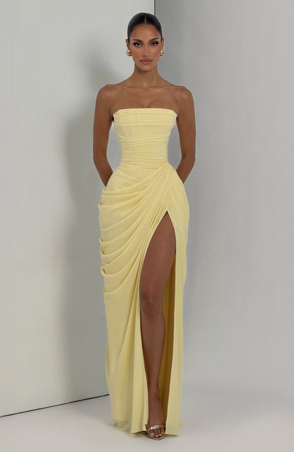 Koriora | Robe Maxi Bustier Lois — Corset Sculpté & Fente Haute Chiffon