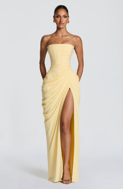 Koriora | Robe Maxi Bustier Lois — Corset Sculpté & Fente Haute Chiffon