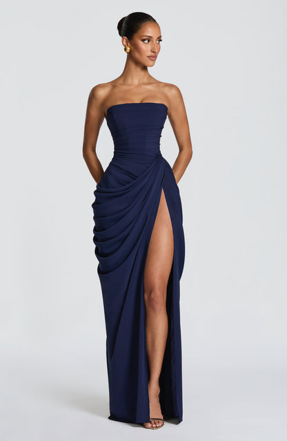 Koriora | Robe Maxi Bustier Lois — Corset Sculpté & Fente Haute Chiffon