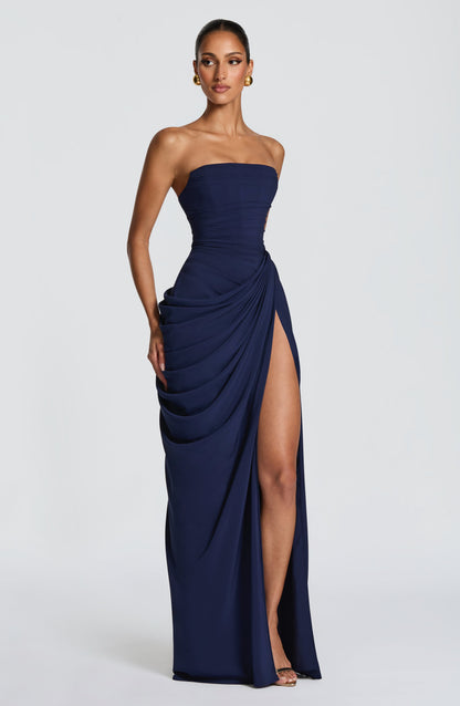 Koriora | Robe Maxi Bustier Lois — Corset Sculpté & Fente Haute Chiffon