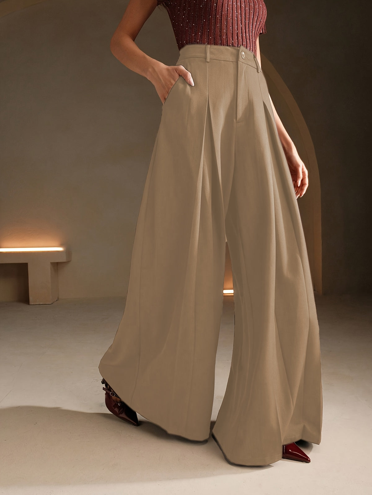 Pantalon Palazzo Femme Taille Haute  Coupe Très Large à Plis