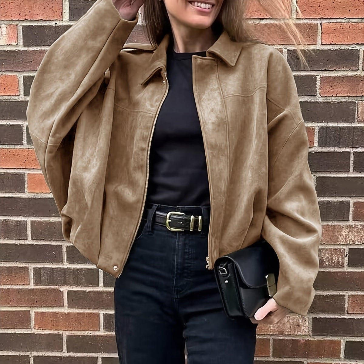 Women's Suede-Effect Zip Jacket with Shirt Collar