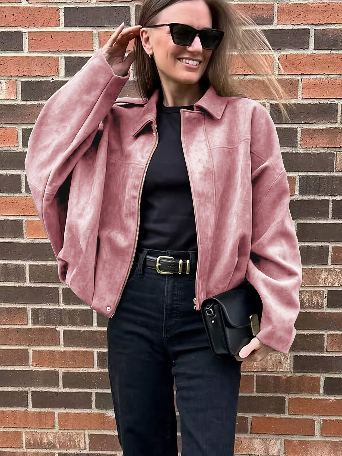 Women's Suede-Effect Zip Jacket with Shirt Collar