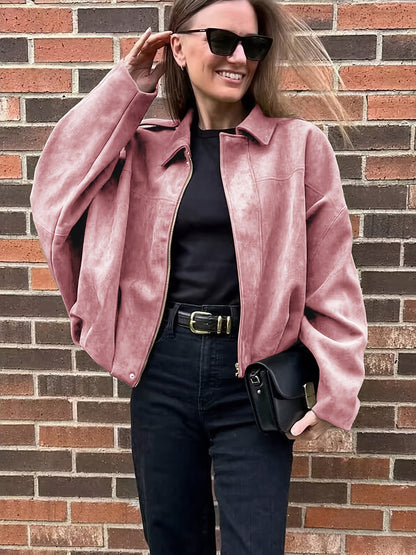 Women's Suede-Effect Zip Jacket with Shirt Collar