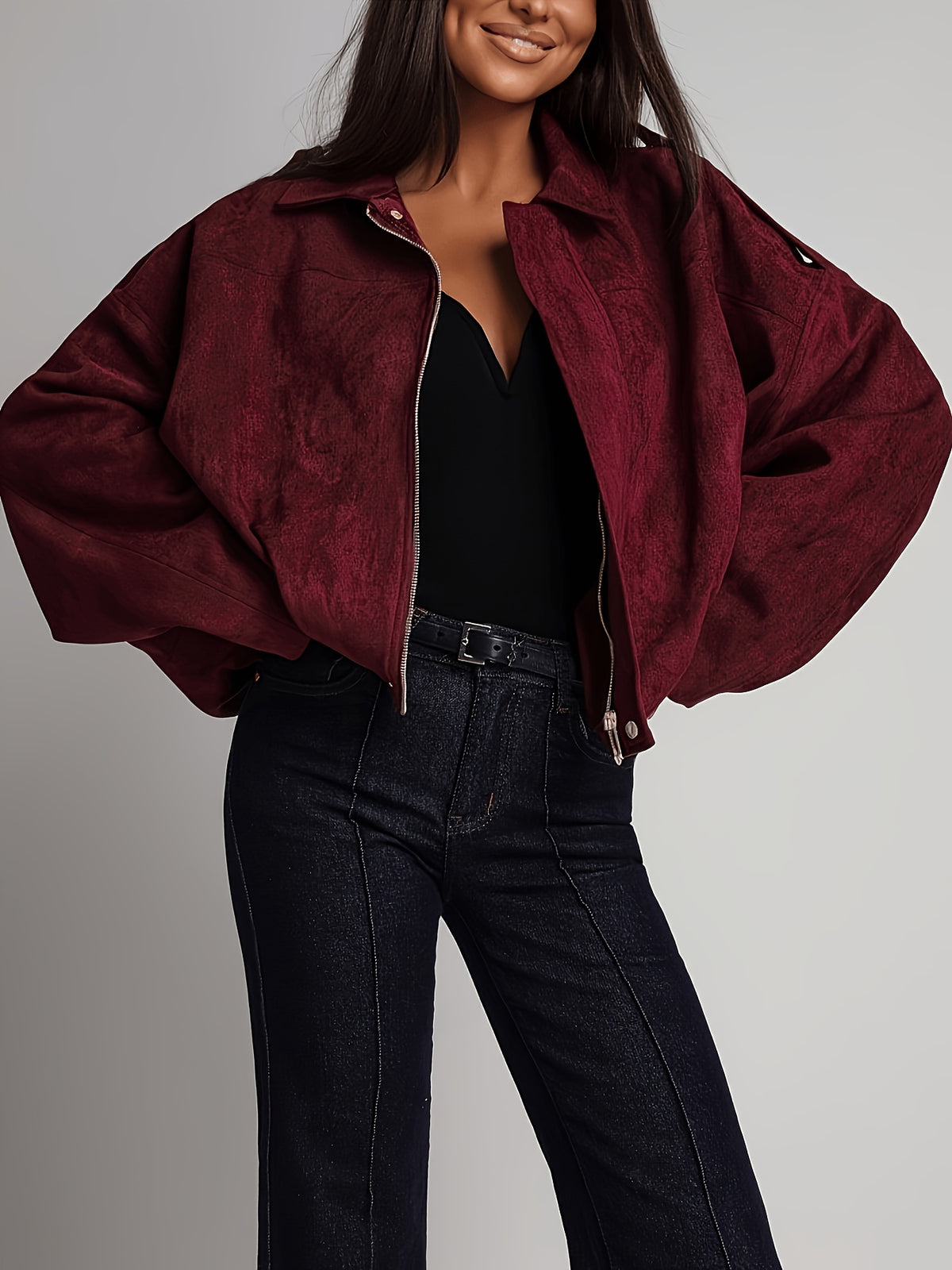 Veste Femme Bordeaux Effet Daim Oversize – Zippée à Col Revers
