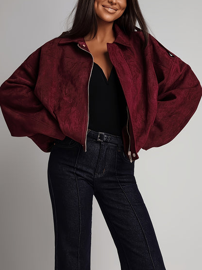 Veste Femme Bordeaux Effet Daim Oversize – Zippée à Col Revers