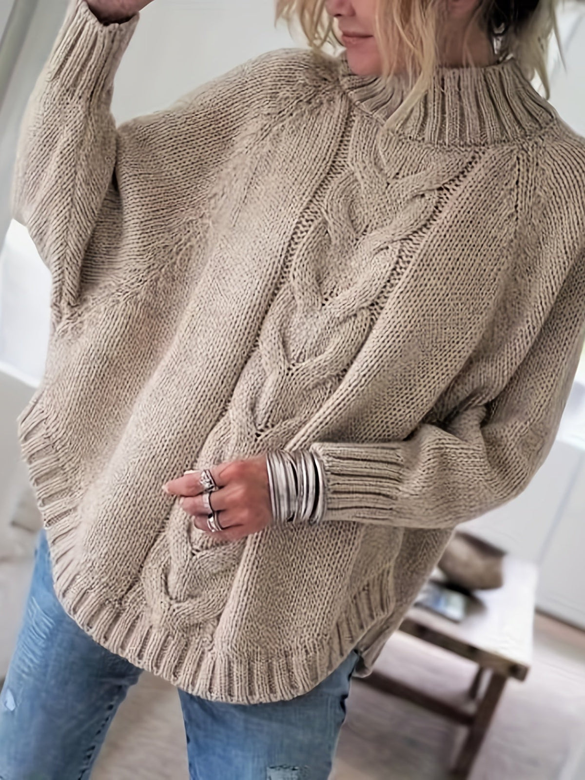 Pull Femme Poudré à Torsades  Maille Ample & Col Montant