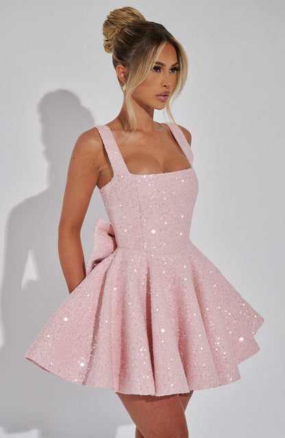 Koriora | Robe Mini Blanche Pailletée à Nœud Élégante Dorothy