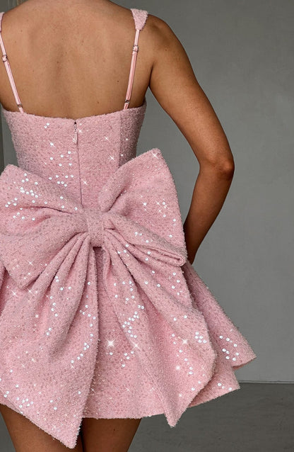 Koriora | Robe Mini Blanche Pailletée à Nœud Élégante Dorothy