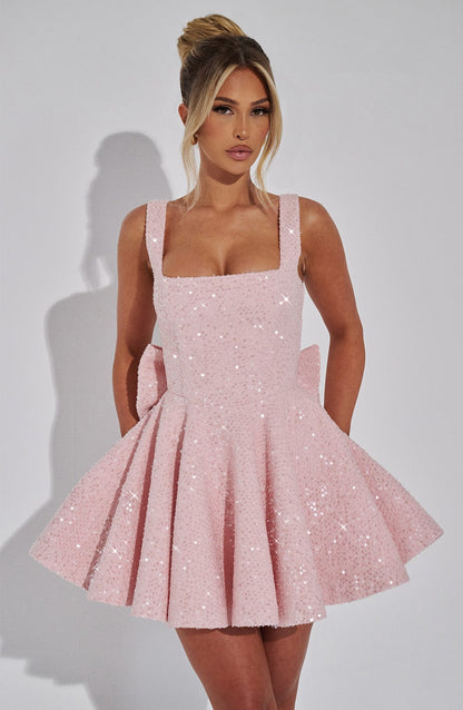 Koriora | Robe Mini Blanche Pailletée à Nœud Élégante Dorothy
