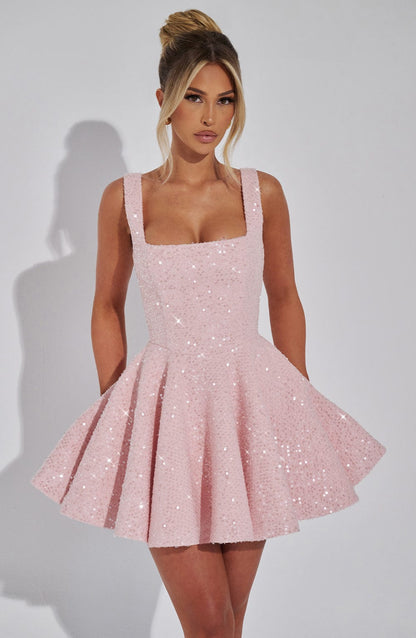 Koriora | Robe Mini Blanche Pailletée à Nœud Élégante Dorothy