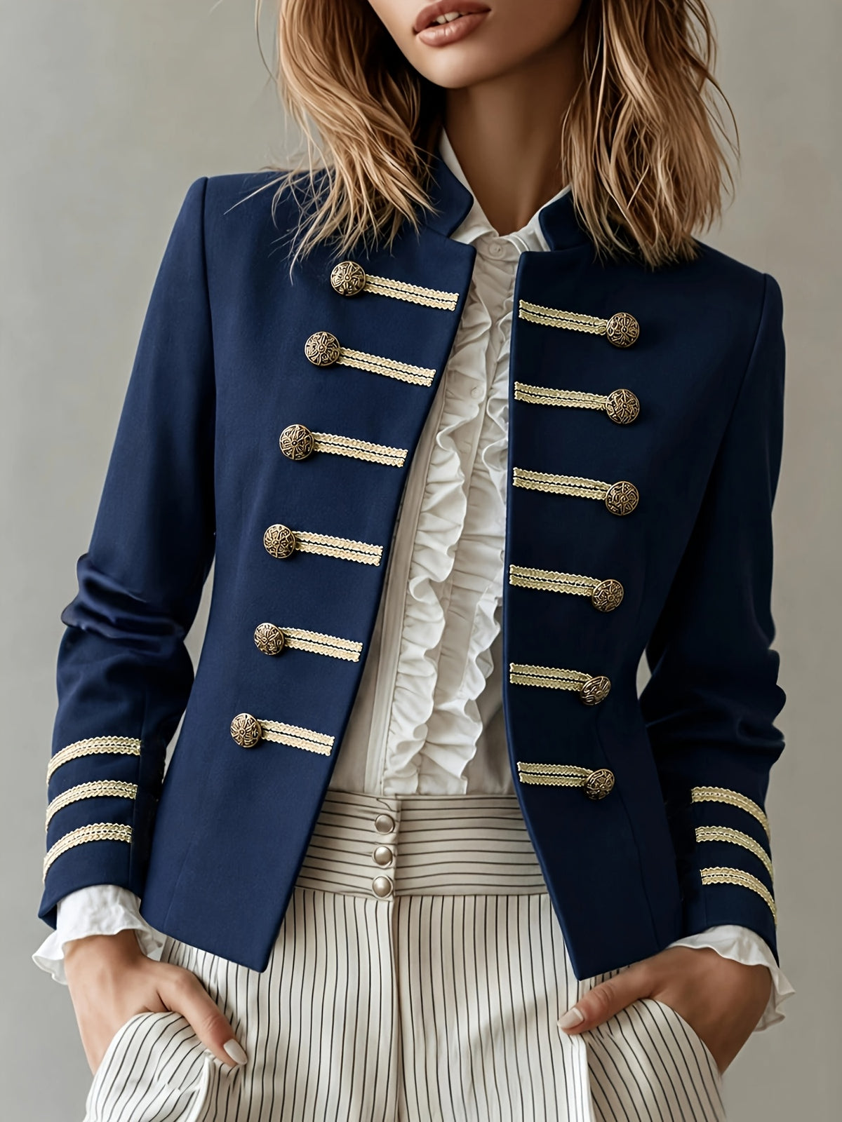 Women's Structured Blazer with Gold-Tone Buttons and Trim