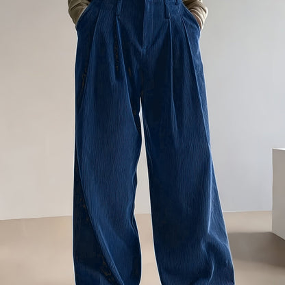 Pantalon Femme Côtelé Taille Haute à Coupe Large Décontracté Élégant